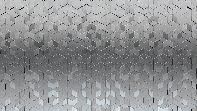 Polished Tiles arranged to create a 3D wall. Diamond Shaped, Luxurious Background formed from Silver blocks. 3D Render