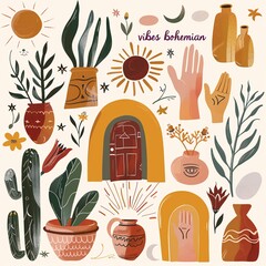a variety of abstract and stylized elements including arched doorways, sun and moon motifs, hand gestures, potted plants, vases, and floral arrangements. The color palette should be earthy, with terra
