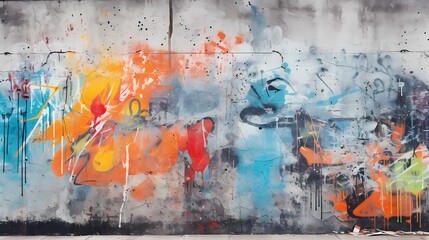 A textured concrete wall with graffiti art covering its surface, adding bursts of color to an urban...