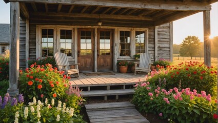 A rustic farmhouse with a weathered wooden porch, framed by vibrant flowers, basking in the warm hues of a sunrise.