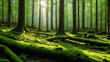 Sunlight filtering through the canopy of a dense forest, illuminating a carpet of vibrant green moss.