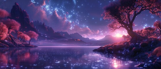 sunset over the lake with Bioluminescent Flora and Surreal Landscapes of an Alien World, ultrawide background