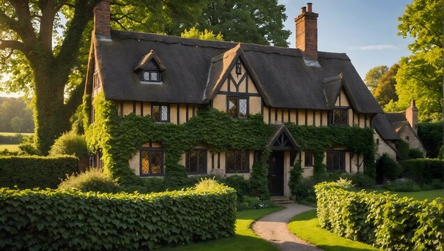 A Tudor-style cottage with ivy-covered walls, nestled in a picturesque countryside, illuminated by the first rays of sunlight.