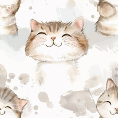 seamless pattern cute kitten smile water color style on white background