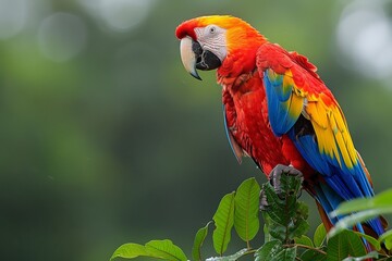 Obraz premium Depicting a macaw parrot perched on a branch, this image captures the beauty of wildlife in a serene green environment