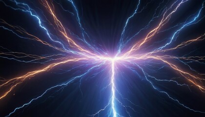 A dynamic digital illustration of intense electric blue energy radiating from a central point, resembling an electrifying explosion or a powerful electrical discharge. AI Generation