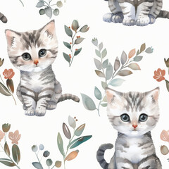 seamless pattern cute kitten water color style on white background