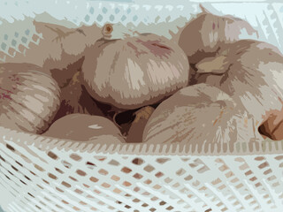 Realistic illustration of fresh unpeeled garlic in a white basket.