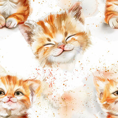 seamless pattern cute kitten smile water color style on white background