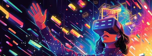 A woman wearing VR glasses is waving her hand, surrounded by glowing geometric shapes and colorful data streams in the background She has an air of confidence as she holds up one hand to touch virtual - obrazy, fototapety, plakaty