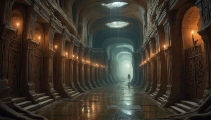 Obraz premium Solitary figure walks through an ancient, candle-lit hall, evoking a sense of historical grandeur and solitude.. AI Generation