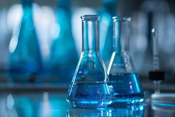 Blue Chemistry: Erlenmeyer flasks filled with vibrant blue liquid shimmer in a modern laboratory setting, promising innovation and discovery. 