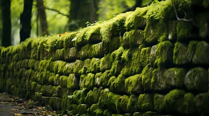 A textured stone wall with moss growing in the crevices, creating a vibrant green contrast