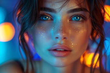 A futuristic look at beauty with starry makeup and neon lights, merging cosmopolitan nightlife with fantasy - obrazy, fototapety, plakaty