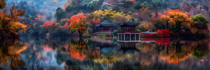 Amidst the Asian landscape, a tranquil lake reflects the vibrant colors of autumn foliage, offering a serene vacation spot.
