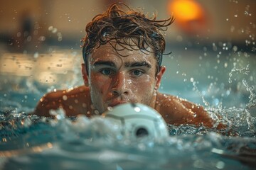 A focused male swimmer preparing for a race, concentrating at the edge of a pool - obrazy, fototapety, plakaty
