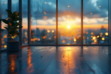 A potted green plant rests against a window revealing a beautiful sunset over an urban cityscape, portraying freshness and a metropolitan vibe - obrazy, fototapety, plakaty