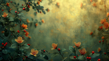 Ethereal Orange Flowers Emerging From A Misty Golden Haze
