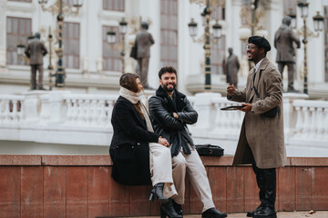 Three young people conducting a business meeting outdoors in an urban setting, encapsulating remote working and teamwork amid city architecture.