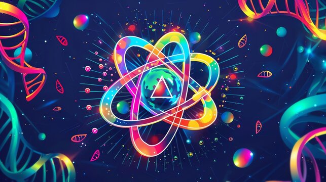 Abstract representation of an atom with its protons and electrons slammed into the atomic number symbol, with vibrant colors and glowing structures The central composition is a stylized model of three