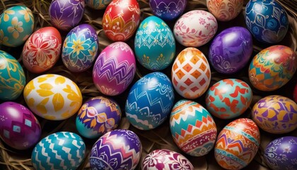 Fototapeta na wymiar A vibrant collection of Easter eggs with diverse patterns and colors, symbolizing cultural diversity and the joy of springtime festivities. AI Generation
