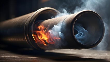 "Render a close-up image of a car exhaust pipe emitting thick smoke. The exhaust pipe should be depicted in crisp detail, showcasing its metallic texture, weld seams, and heat discoloration. The thick