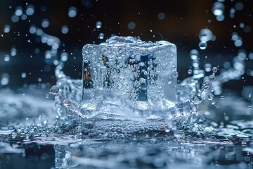 Stunning detailed shot displaying the collision of ice cubes with water drops suspended in air
