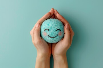 A pair of hands gently holding a blue bath bomb with a happy face, conveying a sense of care and happiness