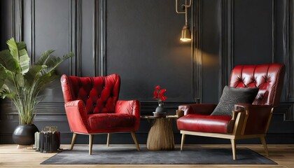 Modern Sophistication: Dark Wall Background Sets the Stage for Red Leather Armchair in Living Room Mockup"