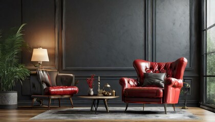 Modern Sophistication: Dark Wall Background Sets the Stage for Red Leather Armchair in Living Room Mockup"