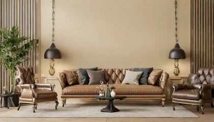 Fototapeten Creamy Comfort: Background Wall Mockup featuring Leather Sofa and Stylish Décor in a Luxe Apartment Setting" © Sadaqat