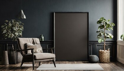 Urban Chic: Empty Dark Wall Transformed by Mockup Black Poster in Stylish Living Space