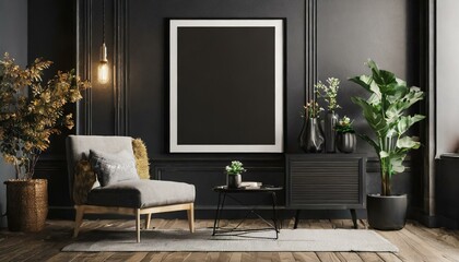 Urban Chic: Empty Dark Wall Transformed by Mockup Black Poster in Stylish Living Space