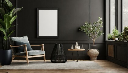 Urban Chic: Empty Dark Wall Transformed by Mockup Black Poster in Stylish Living Space