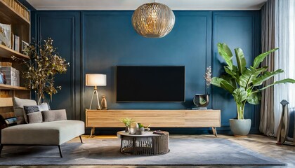 Elegant Contrast: Modern Living Room with TV on Cabinet Against Dark Blue Wall"