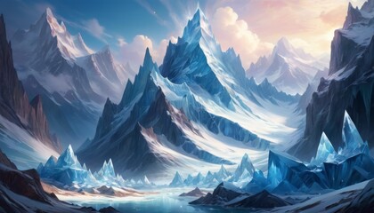 Majestic mountain landscape with translucent crystal formations under a serene sky, creating a fantastical and ethereal environment. AI Generation - obrazy, fototapety, plakaty