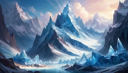 Crédence de cuisine en verre imprimé Bleu Jeans Majestic mountain landscape with translucent crystal formations under a serene sky, creating a fantastical and ethereal environment. AI Generation