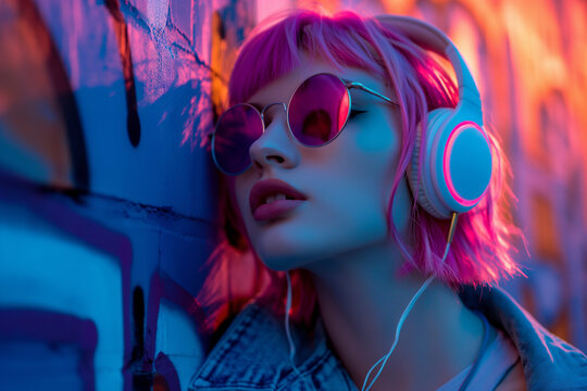 young woman with pink hair enjoying music on vintage headphones, neon light, graffiti on background