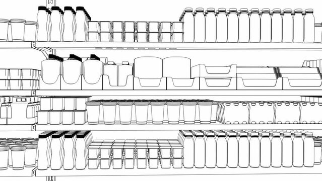 Movement around the mockup with contours of retail shelves with blank products in plastic packaging bottles, pouches, boxes. 3d animation