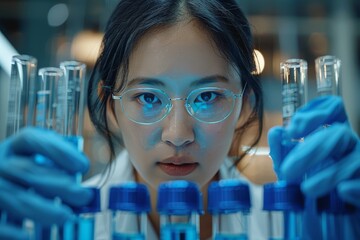 Serious female scientist studying a row of blue liquid filled test tubes in a lab
