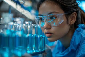 Concentrated female scientist pipetting a blue liquid into test tubes in a laboratory
