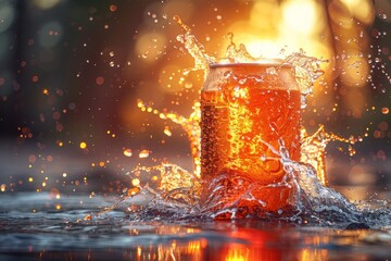 A beer glass filled with amber liquid and a dynamic splash against a warm, bokeh light background
