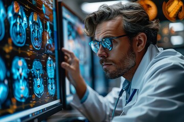 Obraz premium An expert doctor examining multiple brain MRI scans on a modern digital monitor in a high-tech lab
