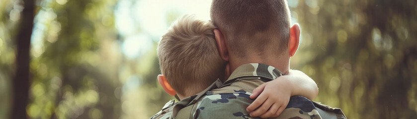 Army dads homecoming, kids overflowing with joy - obrazy, fototapety, plakaty