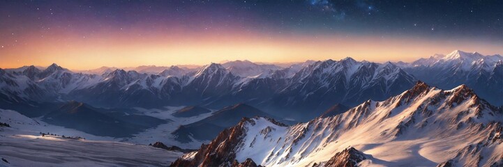 sunrise over the mountains, mountain peaks reaching into the sky, stars on the snow-covered mountains, detailed, 16k, focused, extreme details, super resolution, cinematic, masterpiece