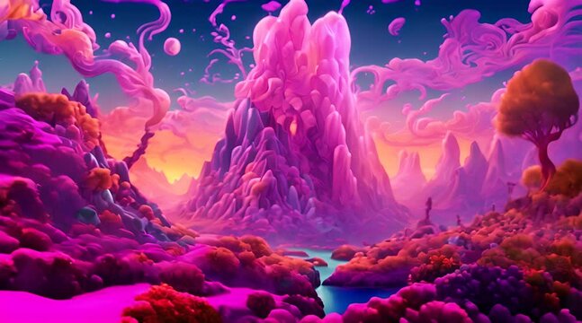 A journey through a vibrant, psychedelic landscape, where surreal creatures morph and dance to an otherworldly soundtrack.
