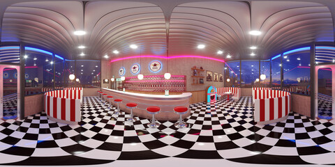 HDRI. Neon retro diner interior. Full spherical panorama 360 degrees. 3D render illustration.