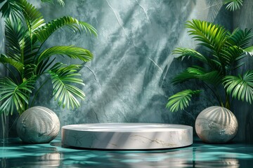 Contemporary 3D scene of a circular marble podium with spherical marble accents and lush tropical greenery