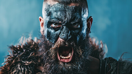 Portrait of a Viking warrior with black war paint, screaming with rage and anger on pastel blue background