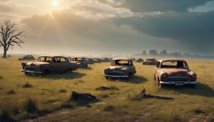 Fototapeta na wymiar A field of vintage cars bathed in the golden light of sundown creates a scene of reflective nostalgia.. AI Generation